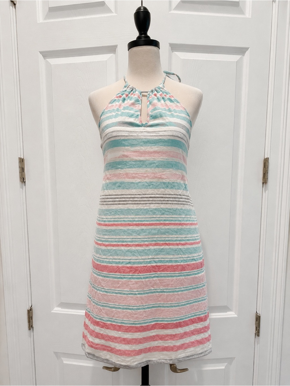 Tommy Bahama striped halter sundress pink blue white smocked back sz medium